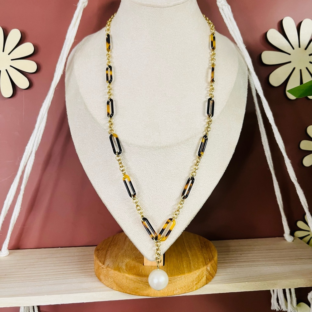Ann Taylor Necklace Brown Acrylic Tortoise Shell Links Faux Pearl Pendant